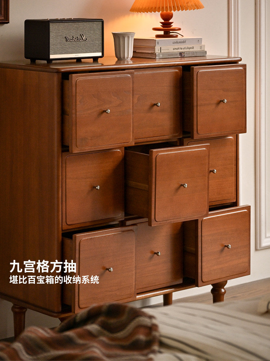 Solid wood French vintage nine-drawer chest, teak-colored storage cabinet, bedroom nine-grid sideboard